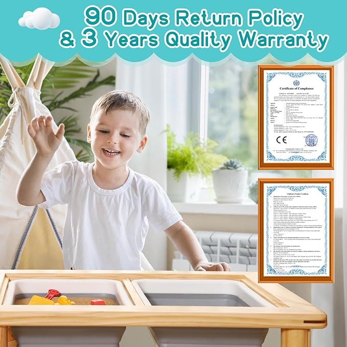 FUNLIO Wooden Sensory Table with 2 Bins for Toddlers 1-5, 4-Level Height Adjustable Kids Activity Table with Anti-Warping Plywood Lid, Indoor/Outdoor Play Sand and Water Table, CPC Certified