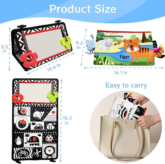 Tummy Time Mirror Newborn Toys: Black and White Infant Tummy Time Toys 0-3 0-6 6-12 Months Babies High Contrast Baby Toy with Book & Teethers Montessori Sensory Toy for Boy Girl Baby