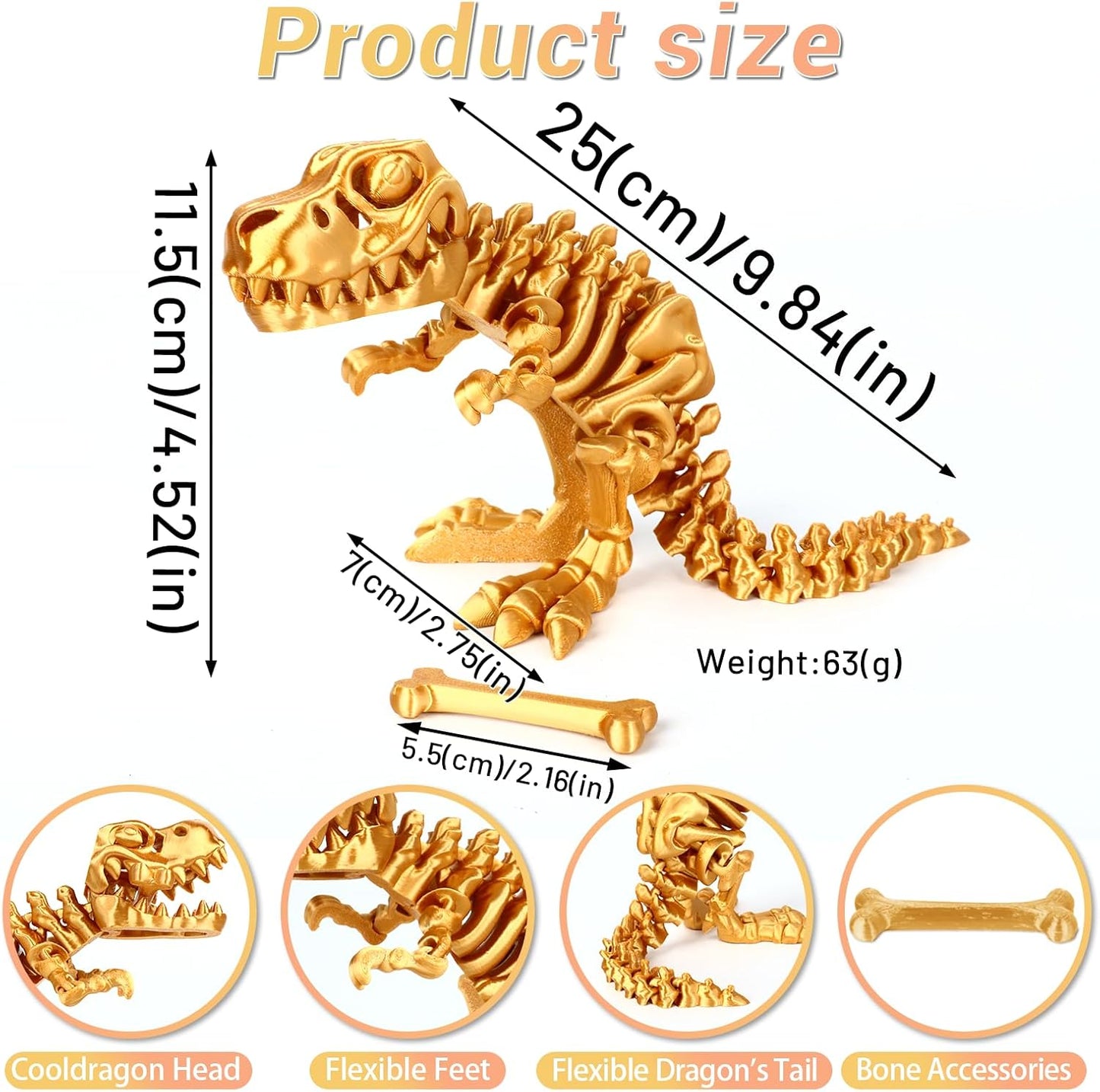 3D Printed Dinosaur Bones Tyrannosaurus Rex Skeleton with Movable Joints, 3D Model Skull T-Rex, Flexible Articulated Dinosaur Fidget Toys Adults for Autism/ADHD