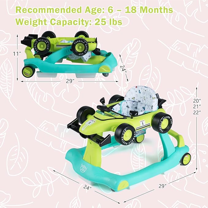 BABY JOY 4-in-1 Baby Walker, Foldable Activity Walker with Adjustable Height & Speed, Music, Lights, Anti-Rollover, Toddler Push Walker, Baby Walker with Wheels for Boys Girls 6-18 Months (Green)