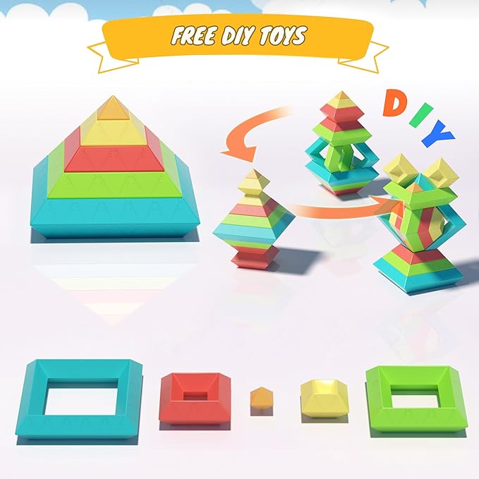 40Pcs Montessori Toys for Ages 3 4 5 6 Toddlers Kids Baby,Pyramid Stacking Building Toys,3D Preschool Learning Blocks for Kids,STEM Sensory Toy Gifts for 3-5 Year Old Boy Girl,Plastic Storage Box Set