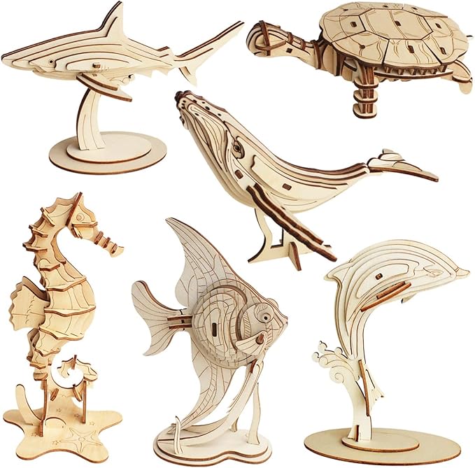 3D Wooden Sea Animal Puzzle - 6 Piece Set Wood Sea Animals Skeleton Assembly Model Kits - Wooden Crafts DIY Brain Teaser Puzzle - STEM Toys Gifts for Adults & Teens Birthday Gifts Christmas