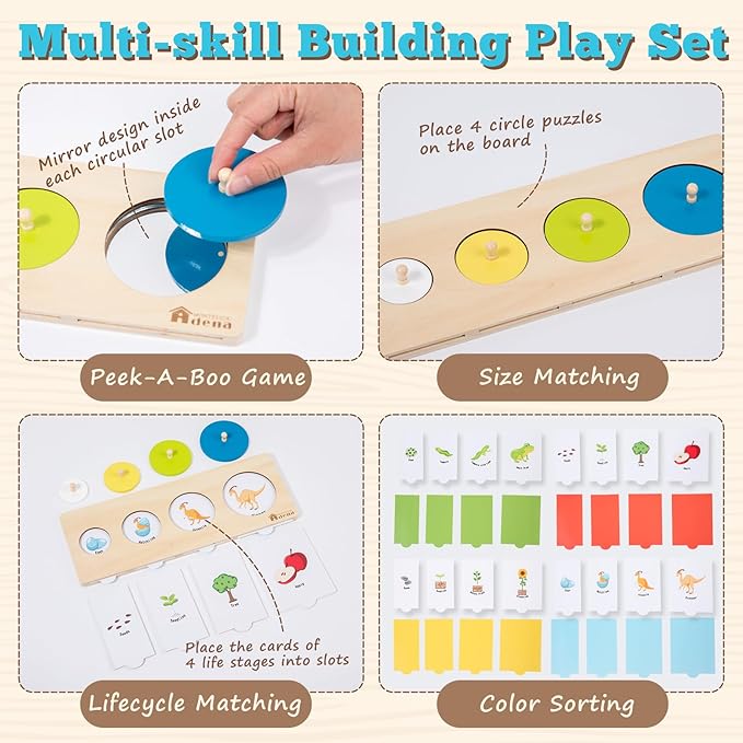 Adena Montessori First Jumbo Knob Dinosaur Wooden Shape Puzzles for Toddlers 1-3,4 Pieces Montessori Dinosaur Shape Sorter 1 2 Year Old Girl Boy Birthday Gifts,Preschool Learning Toys for Baby Kids