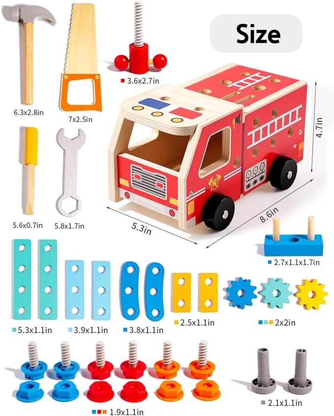 33-Piece Wooden Tool Set for Toddlers, Fire Truck Toolbox & Workbench Montessori Toys for 3-6 Year Olds, STEM Educational Pretend Play Tools, Construction Learning Gift for Boys Girls