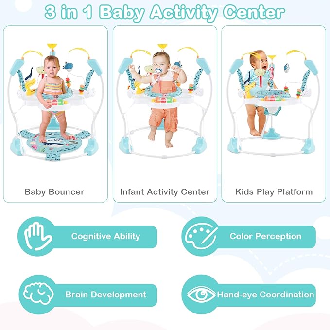 HONEY JOY Baby Bouncer Activity Center, Infant Jumper and Table w/ 360° Rotary Seat, 3 Adjustable Heights, Mat, Music, Lights, Sounds & Developmental Toys, Activity Center for Babies (Light Blue)