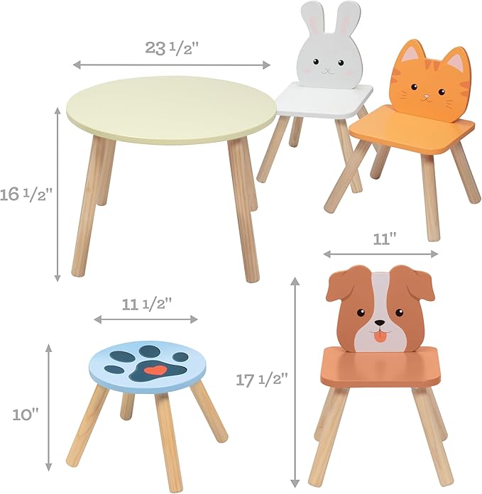 Kids Wooden Animal Table & Chair Set w 4 Seats- Puppy Kitten Bunny Plus Adult Stool for Arts Crafts Activity, Dining, Pretend Play- Playroom Furniture for Home, Daycare Classroom- Toddler Xmas Gift