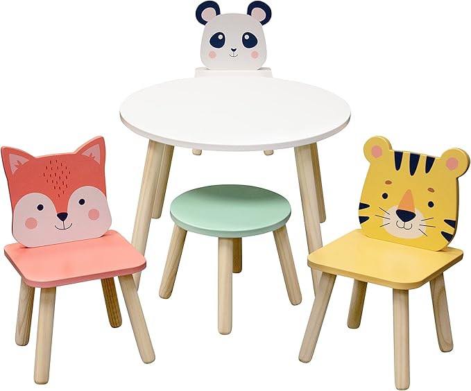 Kids Wooden Animal Table & Chair Set w 4 Seats- Tiger Panda Fox & Adult Stool for Xmas Arts Crafts, Dining, Pretend Play- Durable Playroom Furniture for Home Daycare Classroom- Toddler Activity Center