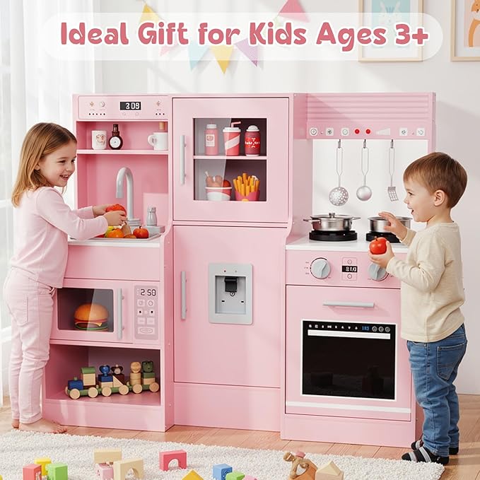 MAMIZO Wooden Play Kitchen for Kids, Toddler Toy Kitchen Playset, Large Interactive Pretend with 6 Kitchenware, Realistic Water Dispenser & Hood w/Lights & Sounds, Sink, Stove, Oven, Microwave (Pink)