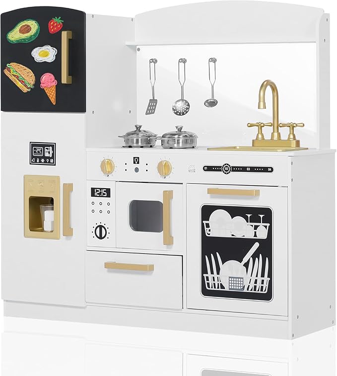 Pretend Kitchen Playset for Kids, Interactive Play Kitchen Wooden Toy Set w/Realistic Design, Sink, Microwave, Ice Maker, Dishwasher, Toddler Cooking Set Toy for Ages 3+, White