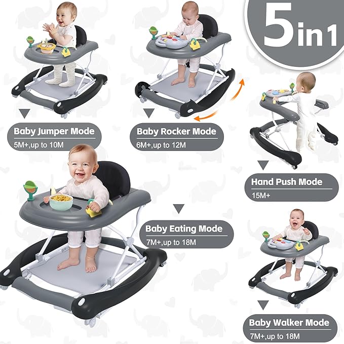 Foldable Baby 5-in-1 Activity Walker - Rocker, Activity Center, Bouncer, Seat Walker, Push Walker - Adjustable Speed Rear Wheels and Height Toys Ages 6-18 Months… (Black)