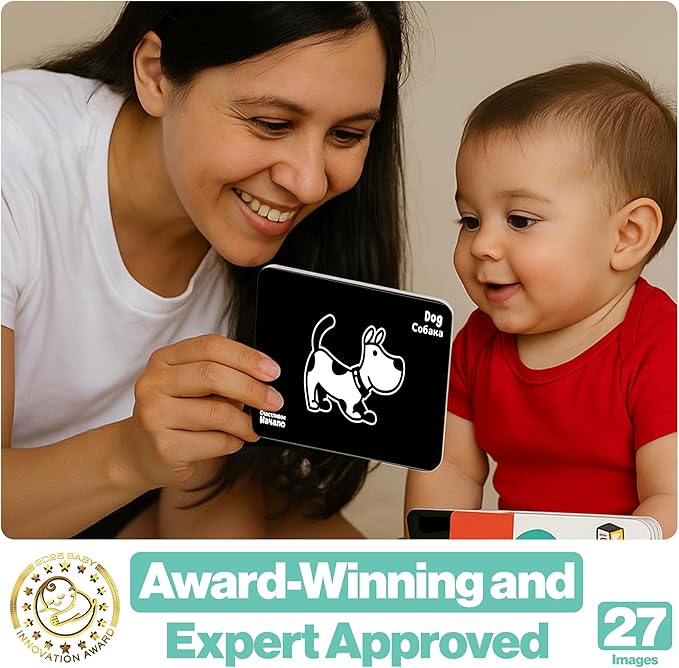 Happy Start High Contrast Baby Cards for Newborns - Black & White Cards, Water-Resistant, BPA-Free, Portable Educational Flashcards for Visual Stimulation, Award-Winning, Ages 0+ (English & Russian)