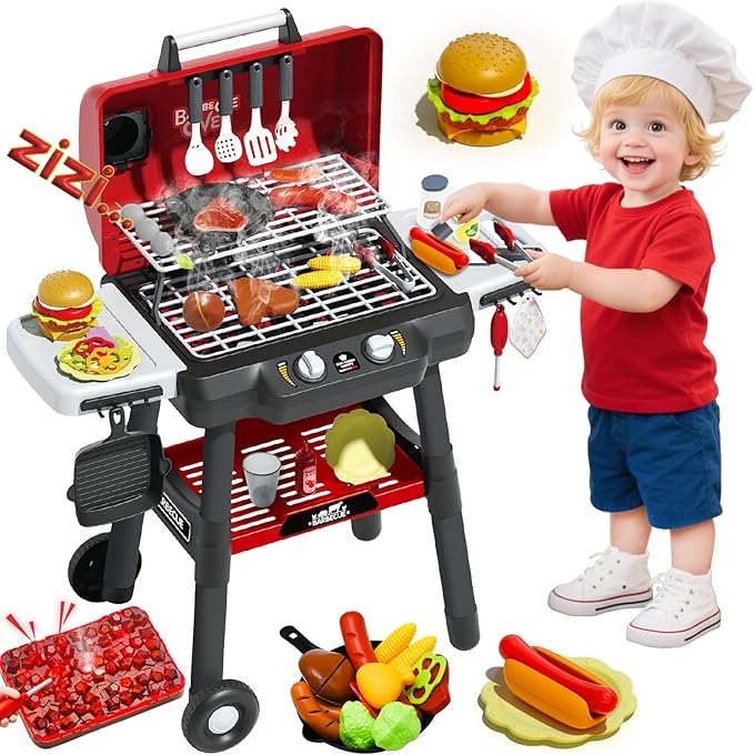 Kids Grill Playset, BBQ Toy Grill with Smoke Sound Light and Wheel, Movable Pretend Play Kitchen Toys Grills for Toddlers 3-5, 2-Layer Barbecue Play Food Christmas Birthday Gifts for Grandkids