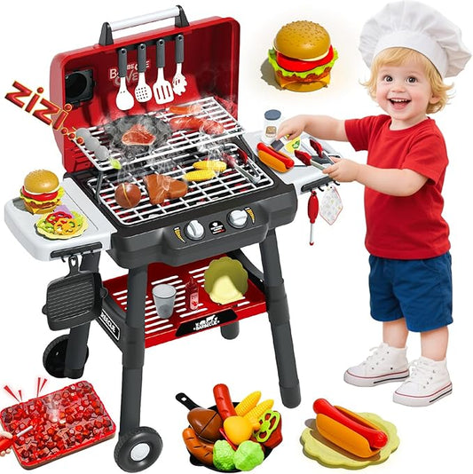 Kids Grill Playset, BBQ Toy Grill with Smoke Sound Light and Wheel, Movable Pretend Play Kitchen Toys Grills for Toddlers 3-5, 2-Layer Barbecue Play Food Christmas Birthday Gifts for Grandkids