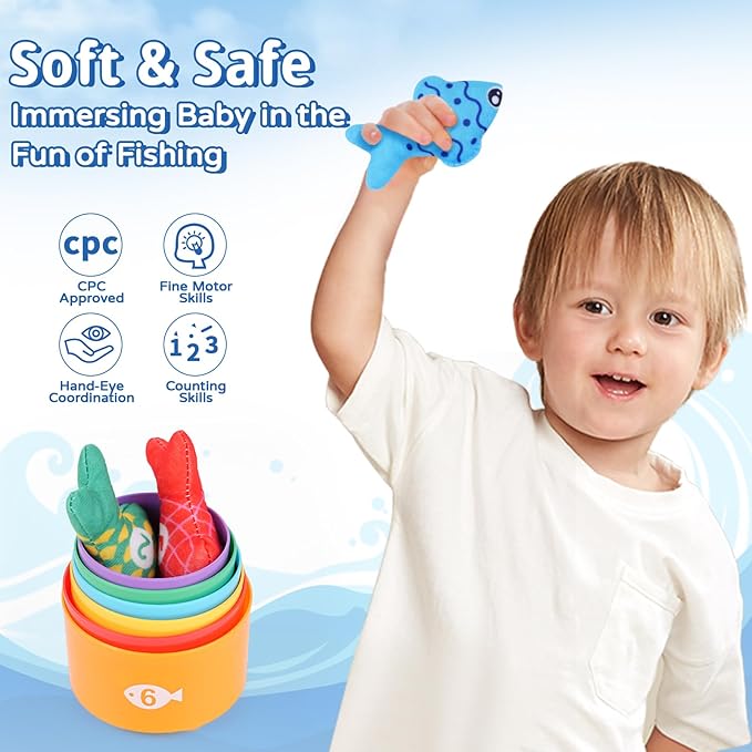 29PCS Montessori Toddler Toys for Baby Boy Girl, Cloth Fishing Game Set with Stacking Cups, Learning Toys for Number & Color Sorting, Birthday Toys Gifts for Babies Toddlers