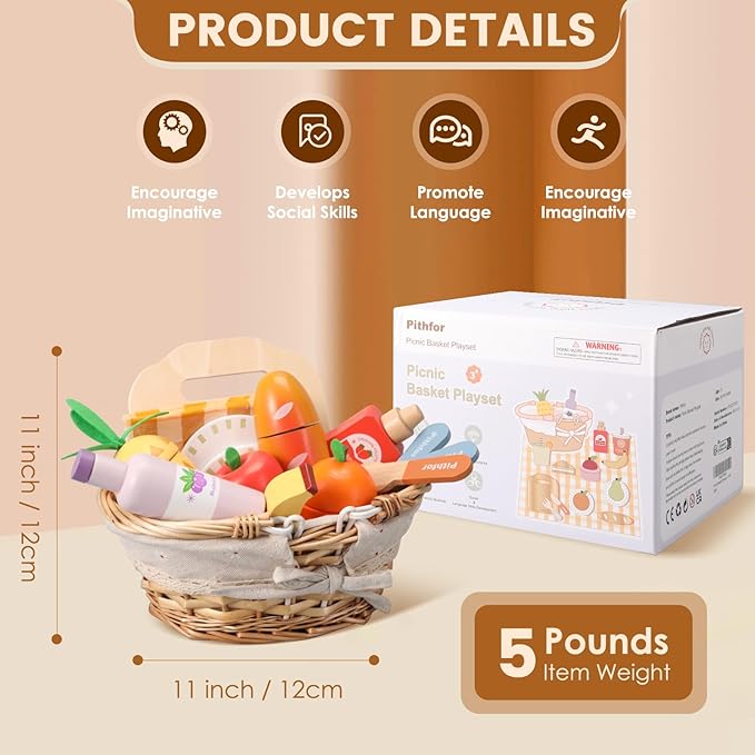 Picnic Playset, Wooden Play Food Set for Kids Kitchen, Cutting Pretend Play Kitchen Food Toy for Toddlers Girls Boys 3 4 5 Years Old