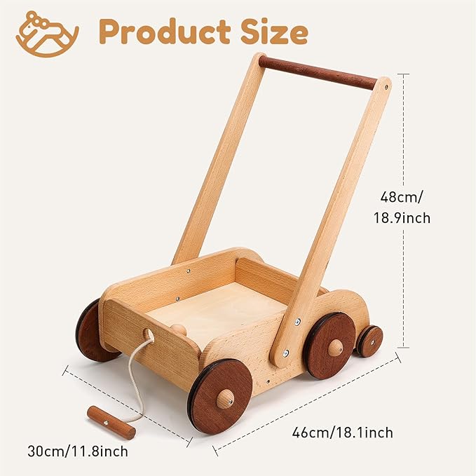Woodtoe Wooden Baby Walker, Adjustable Speed Anti-Rollover Push Walker Toy for Babies Learning to Walk, Natural Wood Toddler Push and Pull Toys Wagon Christmas Toy for Boy Girl 12 3, 1st Birthday Gift