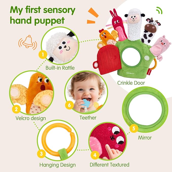 hahaland Baby Sensory Toys 6-12 Months – Montessori Farm Animal Hand Puppets with Rattle, Crinkle, Teether, Mirror – Multi-Sensory Infant Toys for Boys and Girls, Ideal Birthday Christmas Gift