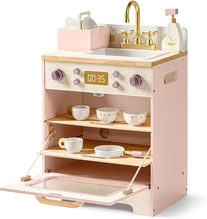 ROBOTIME Wooden Toy Dishwasher Sink – Pink Pretend Kitchen Toy with Gold Faucet, Turning Knobs, Dish Rack, Plates, Bowls, Cups – Montessori Wooden Play Kitchen for Girls Ages 3+