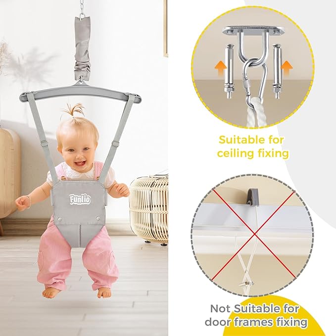 FUNLIO 2 in 1 Baby Jumper with a Ceiling Hook, Baby Walking Harness for 6-24 Months, Infant Jumper for Indoor/Outdoor Play, Infant Jumper Doorway with Adjustable Chain, Easy to Assemble & Store - Grey