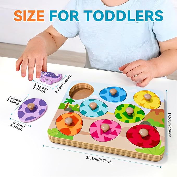 Wooden Puzzles for Toddlers 1-3, Montessori Toys for 1 2 Year Old Boy Christmas Birthday Gifts, Dinosaur Matching Eggs Peg Puzzles for Toddlers Age 2-4, Preschool Learning Activities for Girls