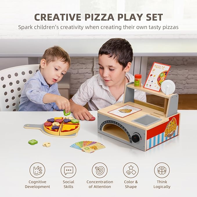 OOOK Wooden Pizza Toy Kids Pizza Counter Playset, Toy Pizza Oven， Montessori Pretend Play Toys with Toy Food, Bake Oven, Role Play Set for 3 4 5 6 Year Old Boys Girls