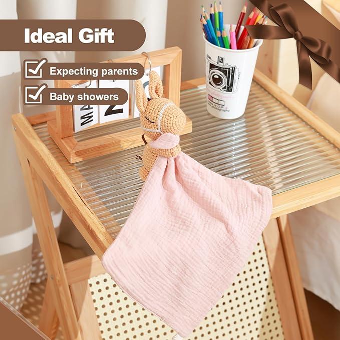 Hand-Knit Crochet Animal Security Blanket | Organic Cotton Baby Shaker Rattle Toy & Comforter Lovey | Soft Sensory Stroller Toy for Newborns Infants 0-6-12 Months (Baby Pony Design)