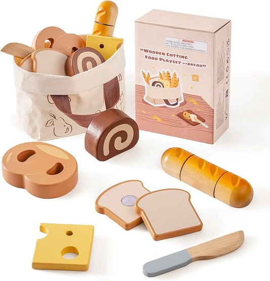 ROBOTIME Wooden Play Food Cutting Bread Set, Pretend Play Toy Food for Play Kitchen with Shopping Bag – Kids Kitchen Accessories, Wooden Bread Toys for Boys & Girls