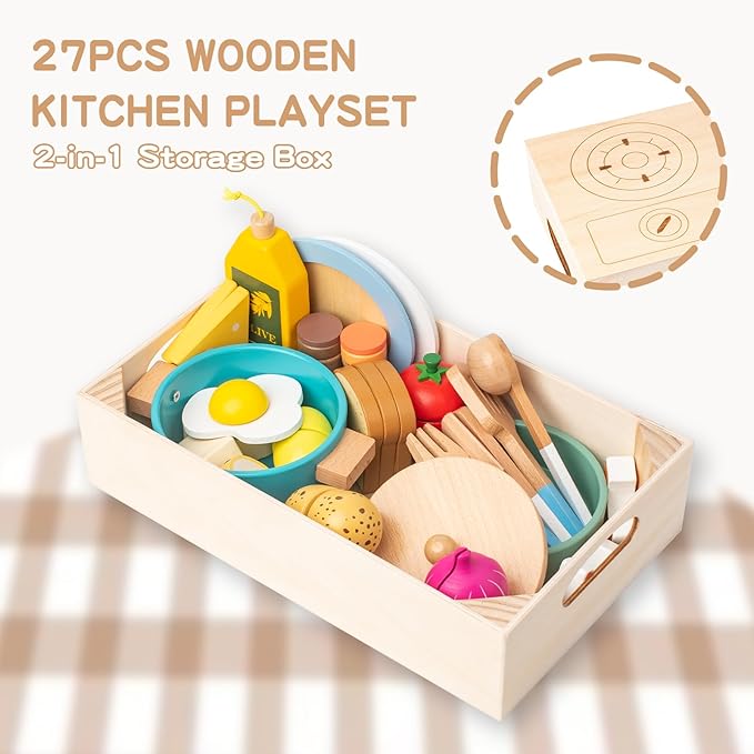 Wooden Play Cooking Set,27pcs Pretend Play Food Toys Set for Kids Toddlers, Wooden Kitchen Accessories Toys Set ,Cooking Toys with Play Dishes,Pot and Pan,Utensils,Gifts for 3 4 5 Years Old Girls Boys