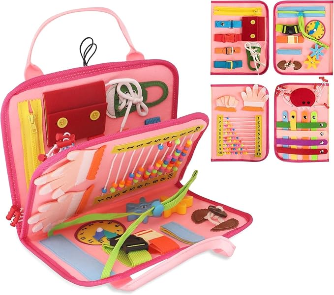 Montessori Busy Board Book, Toddlers, Sensory Activities and Preschool Learning - Toy for Home, Airplane and Car Travel (Pink)