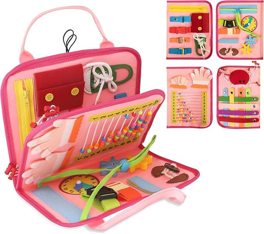 Montessori Busy Board Book, Toddlers, Sensory Activities and Preschool Learning - Toy for Home, Airplane and Car Travel (Pink)