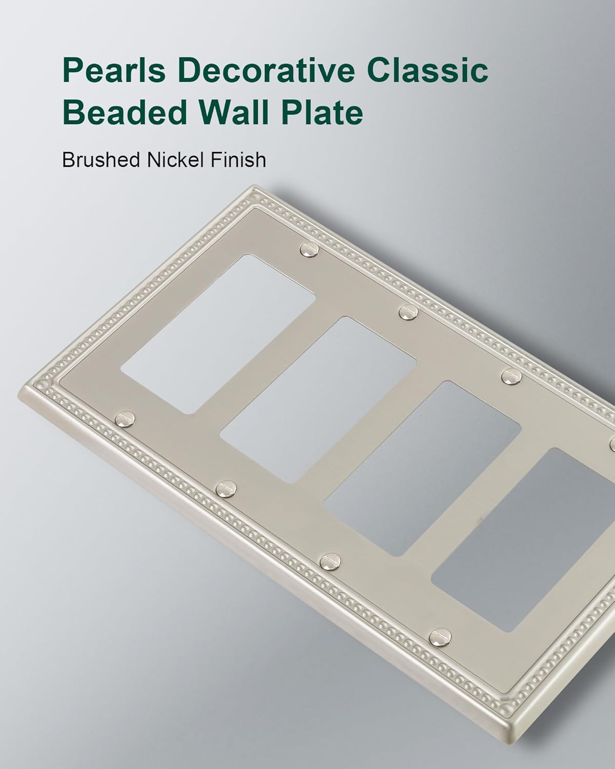 2-Pack Quad Decorator Outlet Cover Plate, Pearls Decorative Switch Plates and Outlet Covers, 4 Gang Brushed Nickel Metal Wall Plates, Corrosion Resistant