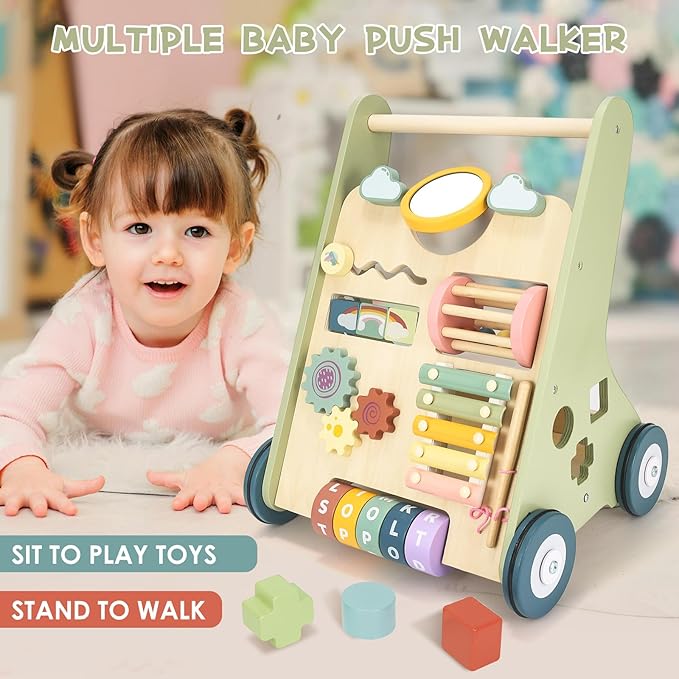 Baby Push Walker, Wooden Baby Walker with Wheels, Montessori Push Walker for Babies 6-12 Months, Adjustable Speed Push Walking Toys for Boys&Girls 1 Year Old, Christmas Birthday Gifts for Toddler