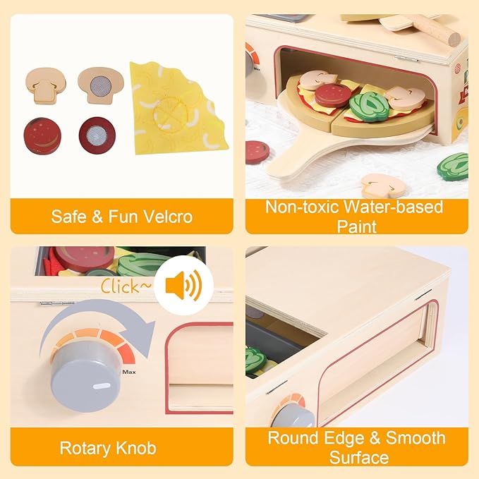 50PCS Wooden Pizza Toy, Pizza Counter Playset with Bake Oven, Kitchen Play Food and Accessories for Kids, Montessori Pretend Play Toys for Boys Girls Age 3+