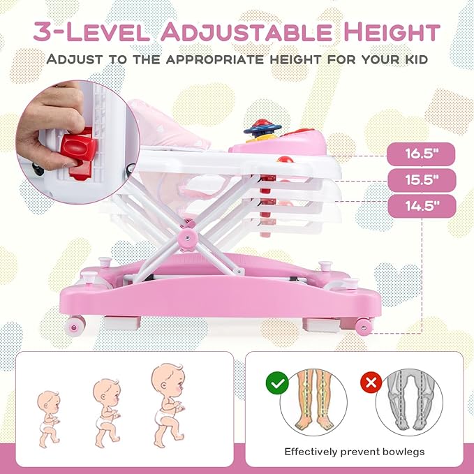 BABY JOY 6-in-1 Baby Walker, Foldable Baby Walker with Wheels, Adjustable Height, Music, Lights, Bouncer & Rocker Mode, Baby Walkers for Boys Girls 6-14 Months (Pink)
