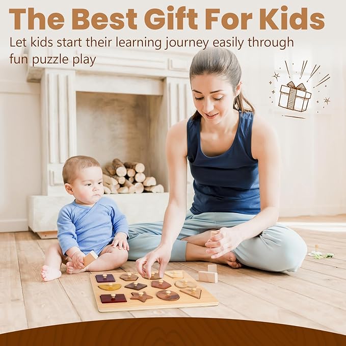 Adena Montessori Wooden Puzzles for Toddlers 1-2, 12 Piece Shape Peg Board with Knobs Educational Learning Toys for 1-2 Year Old Natural Wood Shape Sorter for Babies Durable Montessori Toys