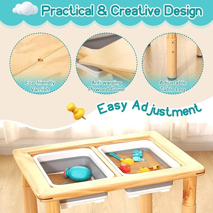 FUNLIO Wooden Sensory Table with 2 Bins for Toddlers 1-5, 4-Level Height Adjustable Kids Activity Table with Anti-Warping Plywood Lid, Indoor/Outdoor Play Sand and Water Table, CPC Certified