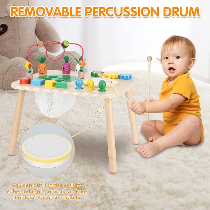 Activity Table for 1+ Year Old, 7 in 1 Wooden Montessori Activity Center Play Table with Drum, Bead Maze Shape Sorter Fishing Game, Kids Sensory Educational Toddler Learning Toys 1st Birthday Gifts