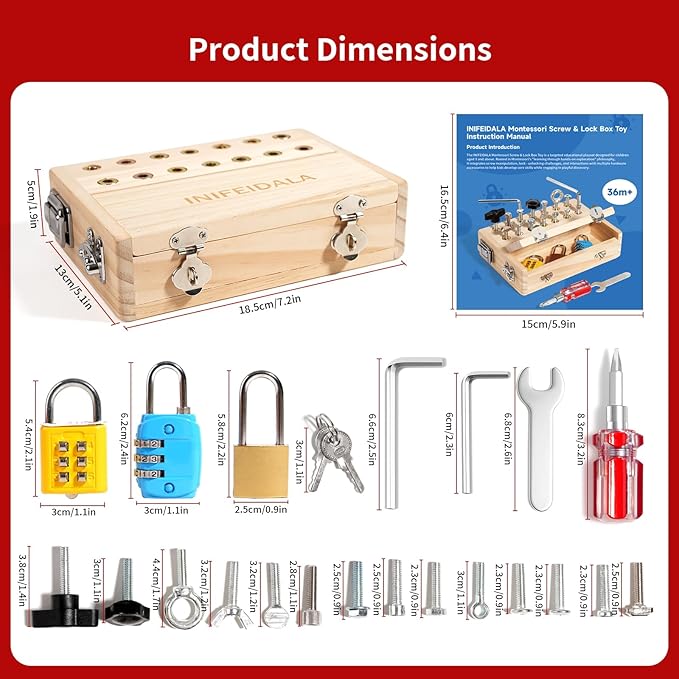 Montessori Busy Board Toddler Toys for Ages 3+ - Wooden Sensory Latches Board with Lock & Key & Kid Tool Screwdriver Set, Preschool Educational Toy - Fine Motor Skills - STEM Learning Toys
