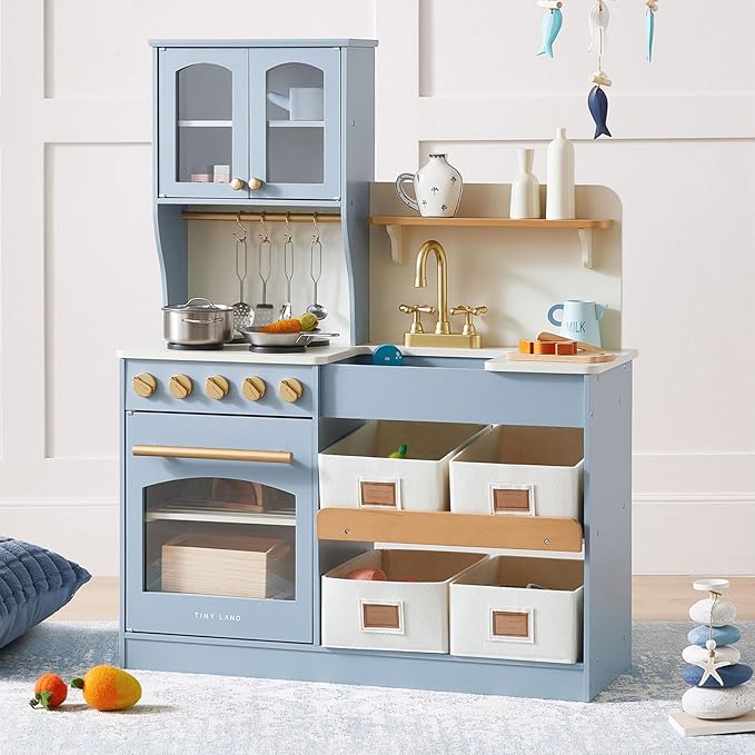 Tiny Land Play Kitchen for Kids with Enhanced Storage – Modern Toddler Kitchen Playset with Stove, Sink & Accessories, Organized Wooden Toy Kitchen, Ideal for Toddlers