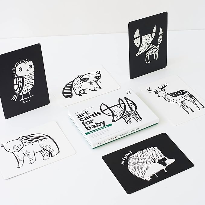 Wee Gallery Art Cards for Baby, Durable High Contrast Black and White Animal Flashcards for Newborns, Brain Development, Sensory Toys, Tummy Time Essentials for Infant and Toddler - Woodland Animals