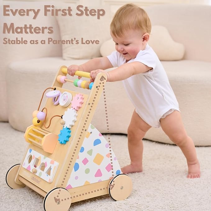 Wooden Baby Walker, Montessori Push Walker｜Busy Board for Fine Motor Skill Development｜Upgraded 2.0 Brake System Speed Control & Full Stop｜Baby Walker with Wheels for Boys and Girls 1+yr
