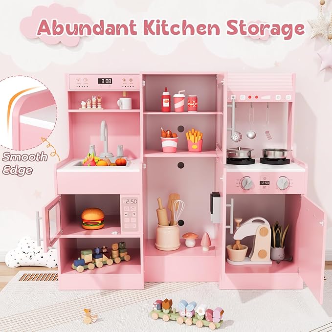 MAMIZO Wooden Play Kitchen for Kids, Toddler Toy Kitchen Playset, Large Interactive Pretend with 6 Kitchenware, Realistic Water Dispenser & Hood w/Lights & Sounds, Sink, Stove, Oven, Microwave (Pink)