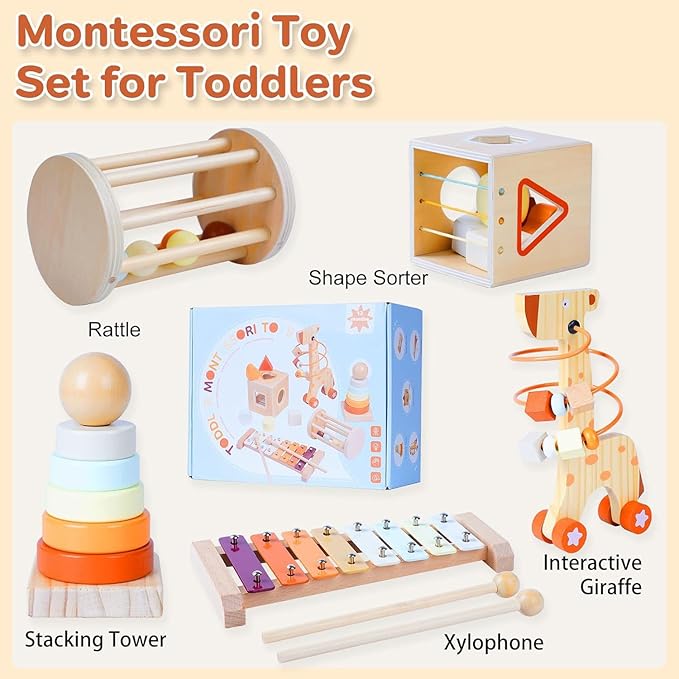 Wooden Montessori Toys Set for Toddlers,Wooden Toy Set for Babies Educational Object Permanence Box,Xylophone(Glockenspiel),Stacking,Rattle Birthday Gift for Boys Girls Ages 1 2 3 4 5