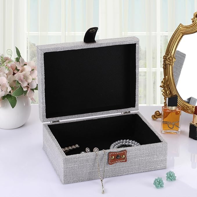Hipiwe Decorative Jewelry Storage Box Gray Wooden Case with Linen Covered Treasure Chest for Women Gift Photo Organizer with Clasp Keepsake Box Home Decor, Medium