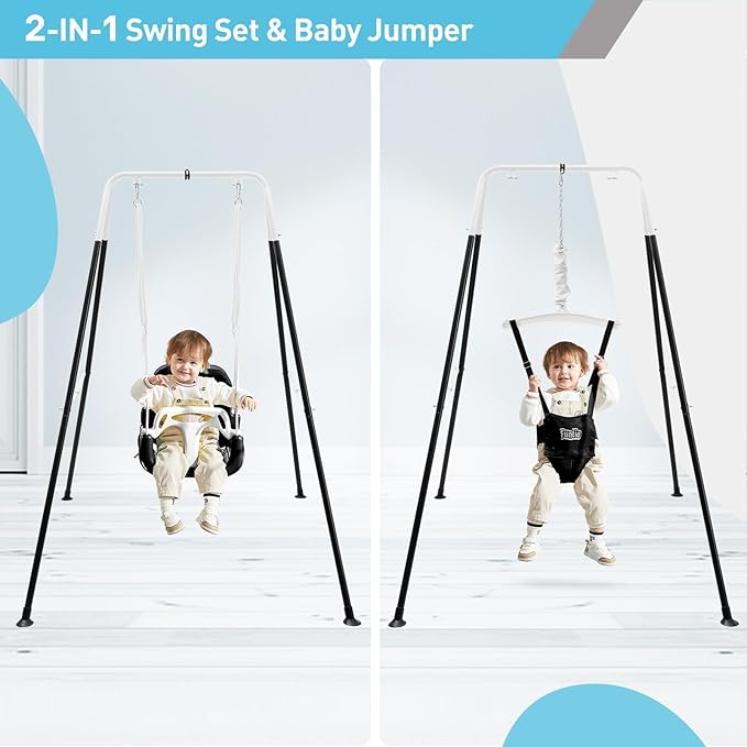 FUNLIO 2 in 1 Swing Set for Toddler & Baby Jumper, Heavy Duty Kids Swing & Bouncer with 4 Sandbags, Foldable Metal Stand for Indoor/Outdoor Play, Easy to Assemble and Store - Black