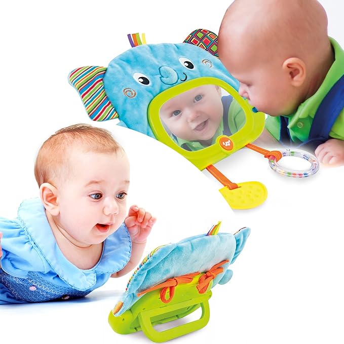 Bambiya Baby Tummy Time Mirror for Floor, Crib, Play Gym & Stroller - Soft Elephant Baby Mirror w/Hidden Characters – Daytime Play & Nighttime Lullaby Modes – 0+ Months