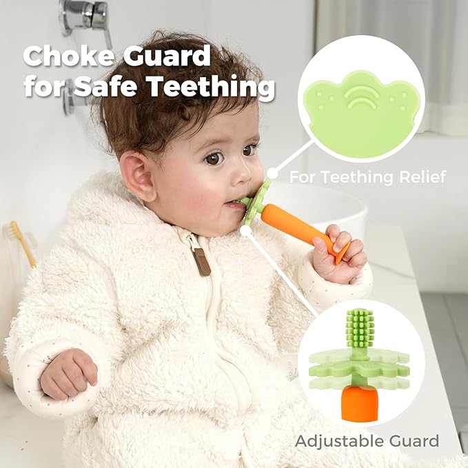 Papablic Baby Toothbrush Teether, Teething Toys 6-12 Months, 360° Carrot Teether Baby Stuffers for Toddler Infant, Toothbrush with Suction Base