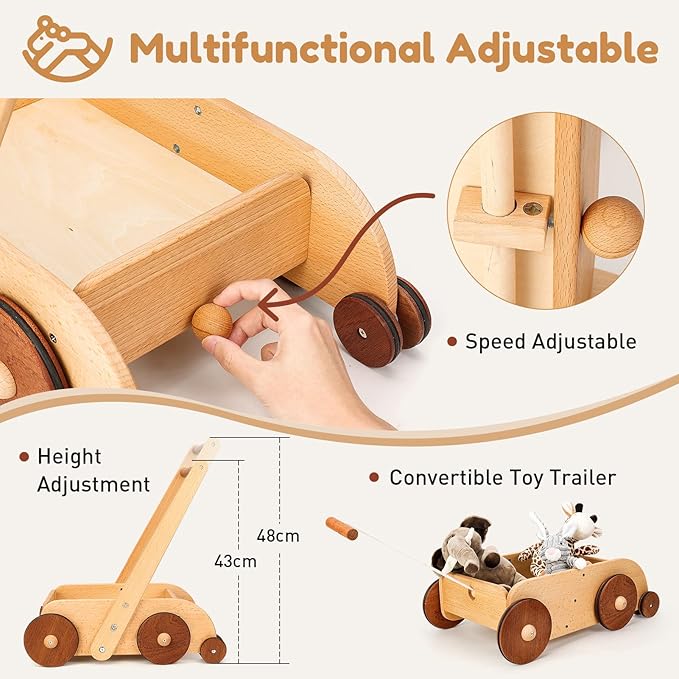 Woodtoe Wooden Baby Walker, Adjustable Speed Anti-Rollover Push Walker Toy for Babies Learning to Walk, Natural Wood Toddler Push and Pull Toys Wagon Christmas Toy for Boy Girl 12 3, 1st Birthday Gift