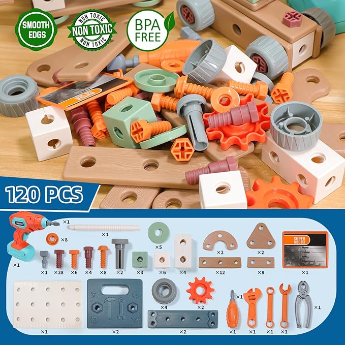 Kids Tool Set with Drill,120Pcs Toddler Tool Set with ToolBench,Montessori Toy for 2+Year Old,Educational STEM Construction Toys for Ages 2-4,Pretend Play Toddler Toys 3-5 Year Old Birthday Gift