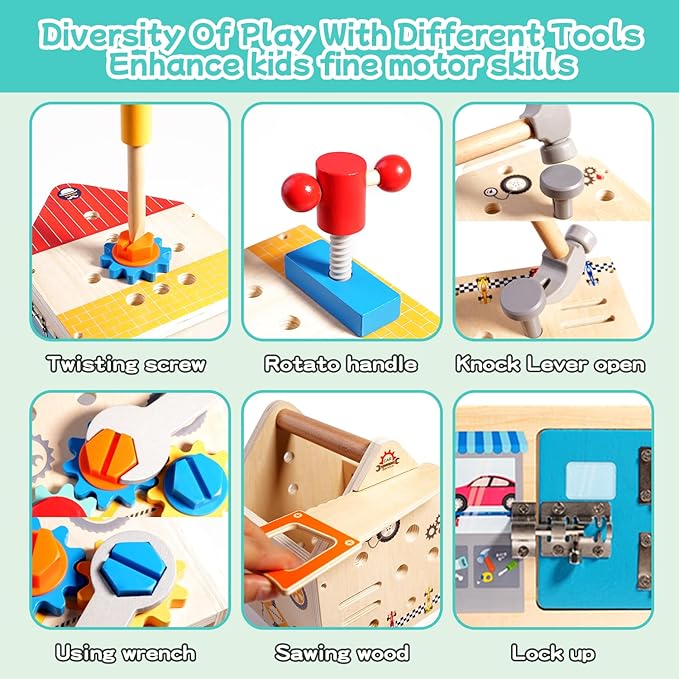 Montessori Toddler Tool Set - 33 PCS Wooden Kids Tools with Box / Bench, Montessori Educational Pretend Play Preschool Toys Gifts for 2 3 4 5 Year Old Boy Girl Kids, STEM Fine Motor Skills Tool Set
